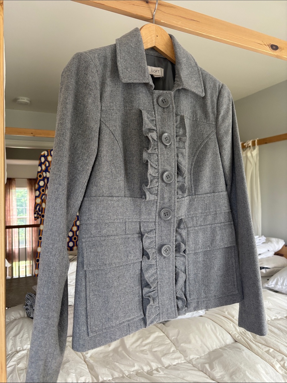 LOFT Gray Ruffle-Front Wool Blend Blazer